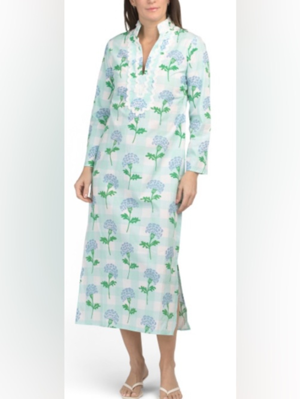 Sail to Sable Light Blue Floral Linen Caftan Dress - Picture 2 of 7
